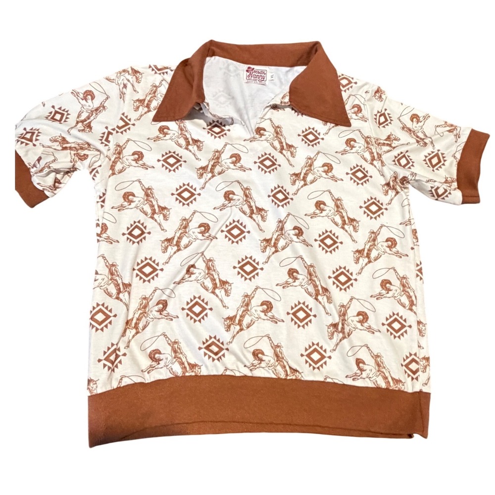 Howdy Hanny Western Rodeo Cowboy Print Polo Top Brown White XL Ranch Girl Dreams - Picture 2 of 12